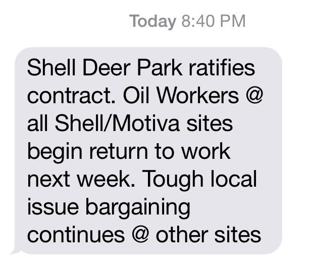 SABJEnergy's tweet photo. The @USWOilWorkers report that workers at Shell Deer Park refinery ratified their labor contract #USWStrike http://t.co/DfT2PLvlSL
