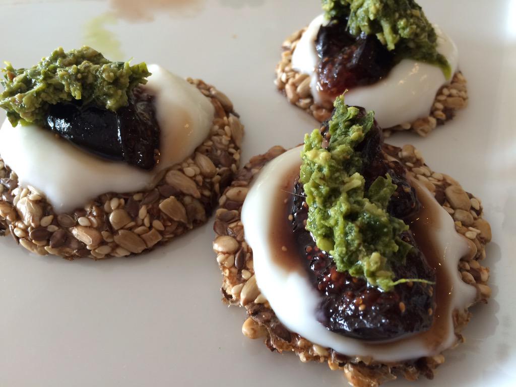 WelsfordsCPT's tweet photo. #banting crackers with Bulgarian yoghurt, homemade fig preserve and fresh basil,mint pesto. http://t.co/fMs9KwybKh