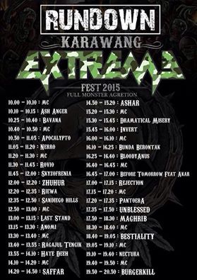 be there cc <a href="/paneu/">paneu</a> RT <a href="/DIEFLOWRECORD/">FOUNDER RECORDS</a>: dan ini dia rundown Karawang Extreme Fest 2015. @necturametal perform jam 19.10