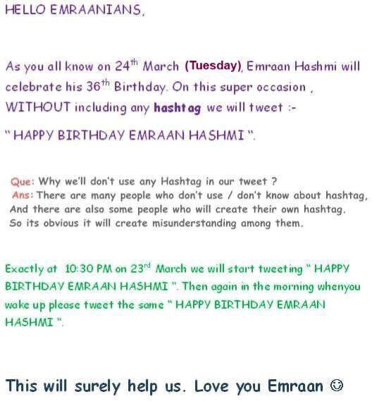 All fans please be present for trending \Happy birthday Emraan Hashmi\ on Monday frm 10:30pm - 