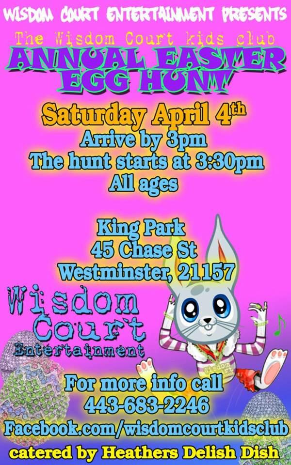 WisdomCourtEnt's tweet photo. Join us as we hold our Annual WCKC Easter Egg hunt on 4/4 in @ King Park in Westminster, MD! Free egg hunt 4 the kids http://t.co/s70Ug60m6L