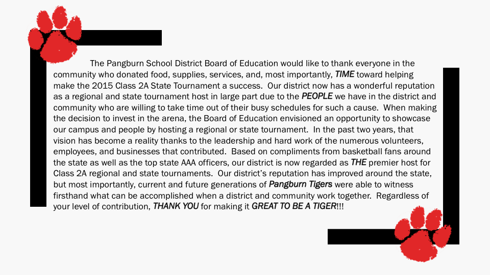 2AState's tweet photo. A big thank you from the Pangburn School Board of Education! #arpreps @ArkActAssnAAA http://t.co/qa1MHbTFKJ