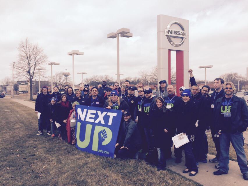 AFLCIONextUp's tweet photo. RT @MachinistsUnion: This is what democracy looks like! Justice for @Nissan workers! #1uNextUp http://t.co/ZEanxWkO9x