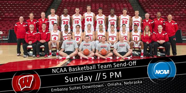 UWBadgers's tweet image. Join @badgerband and @UWBuckyBadger for @BadgerMBB Team Sendoff at 5pm today. go.wisc.edu/NCAA_Omaha #Badgers