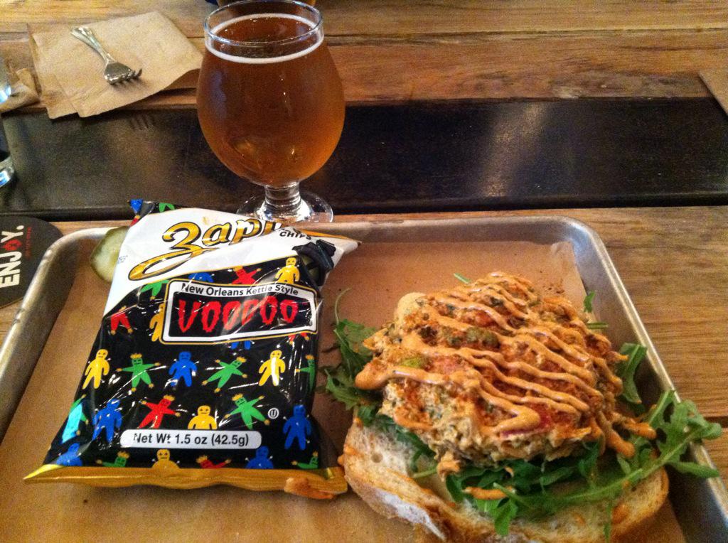 Excellent lunch today <a href="/lost40beer/">Lost Forty Brewing</a> the smoked chicken salad is on point! <a href="/ZappsChips/">Zapp's</a>