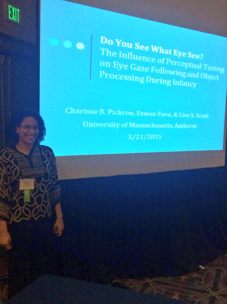 lisascottbcd's tweet photo. Great talk Charisse Pickron! infants attend to gaze for female faces differently than male faces. #srcdphilly15 http://t.co/pIG967syOH