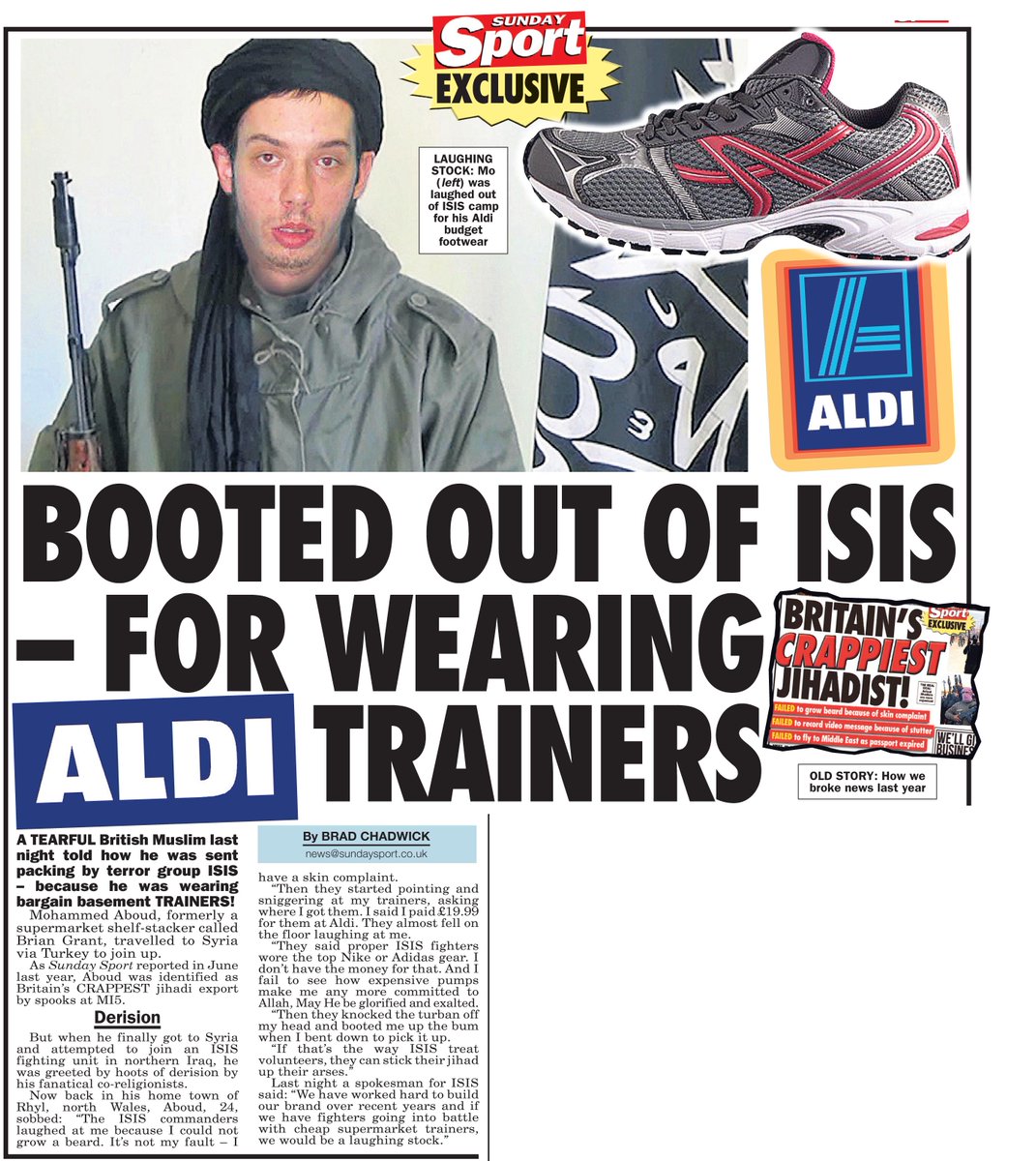ISIS for wearing Aldi trainers. Rhyl 