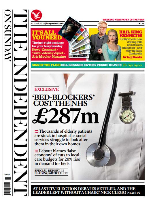 INDEPENDENT ON SUNDAY FRONT PAGE "'Bed blockers' cost the NHS £287m