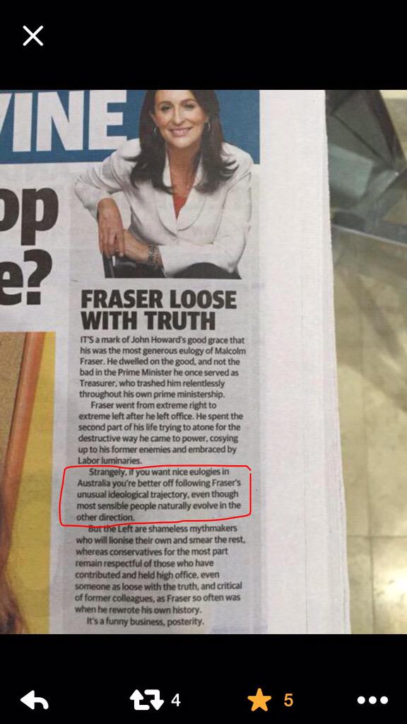 J_says_'s tweet photo. Devine thinks people 'naturally evolve' into self-focus &amp; greed. What a sad old age she has ahead. #RIPMalcolmFraser http://t.co/KVpU44am9g