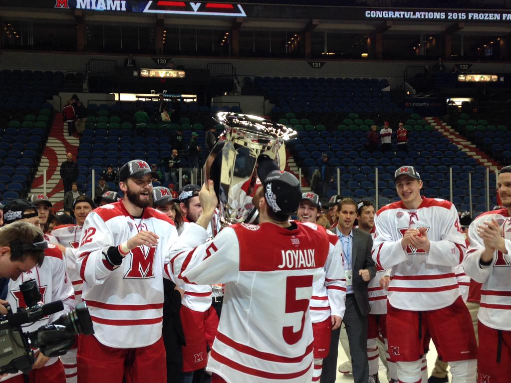MiamiOH_Hockey's tweet image. Joyaux gets his turn with the trophy!