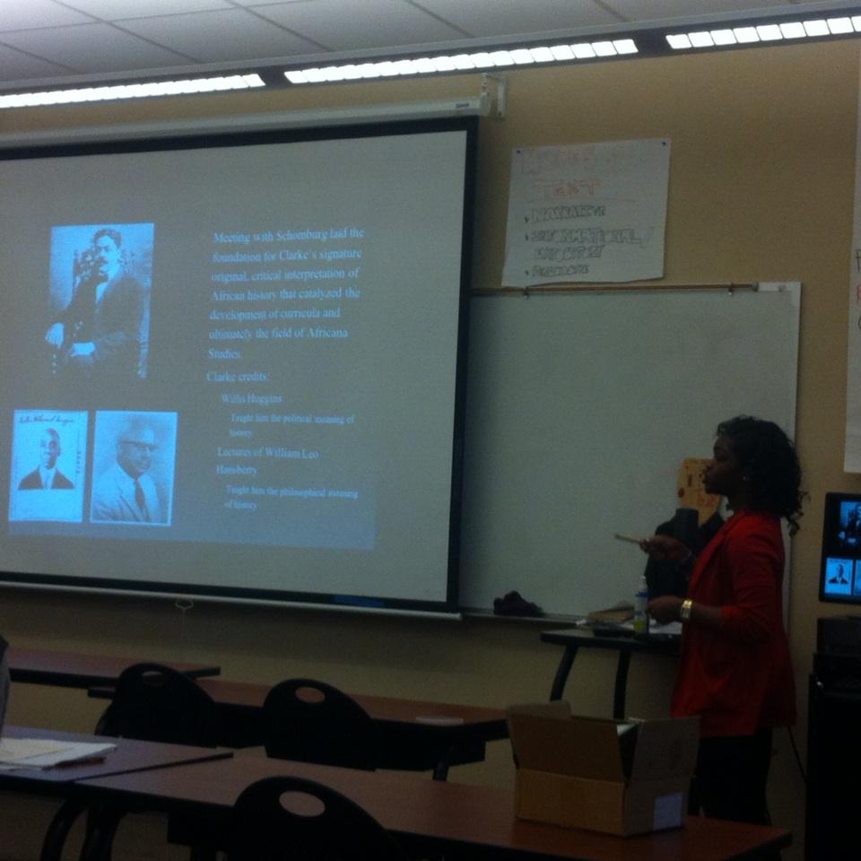 AfricanaCarr's tweet photo. Samantha Obuobi discusses the concept of Jegna in the life and students of John Henrik Clarke at #ASCAC32 http://t.co/5YBhmo1b1B