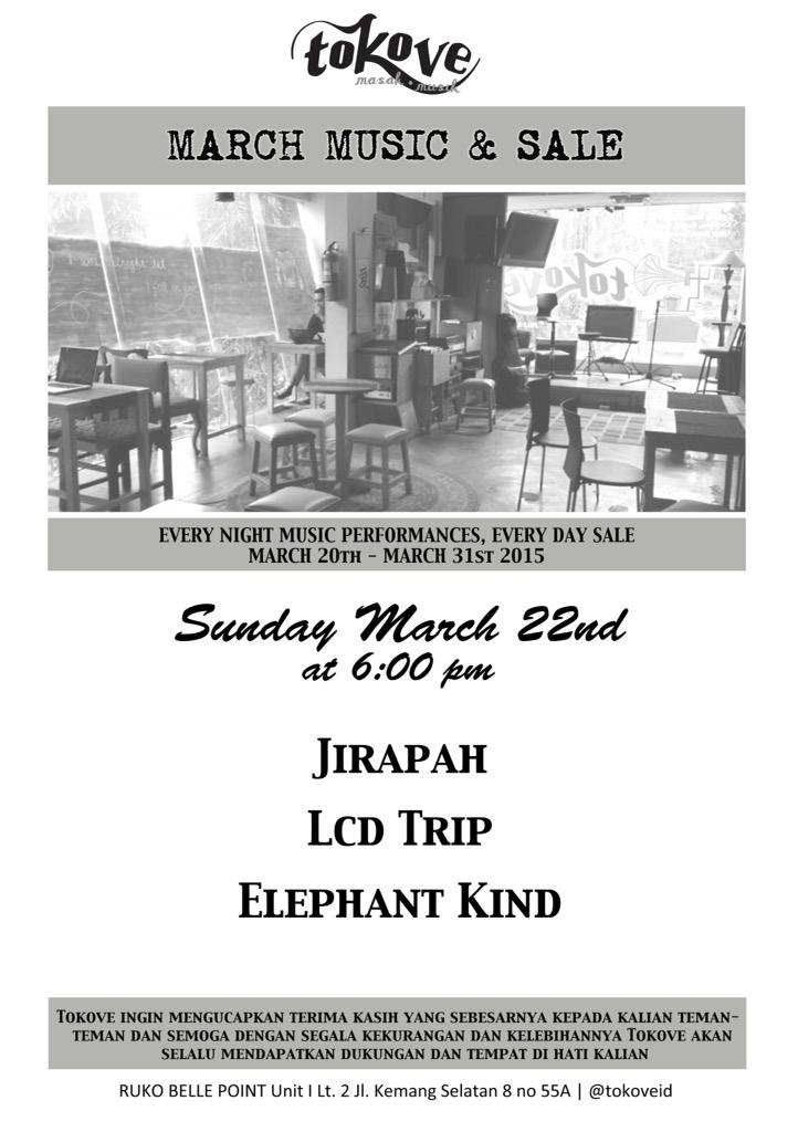 Tokove Masak Musik (@tokoveid) on Twitter photo Tonight start 6pm at <a href="/TokoveID/">Tokove Masak Musik</a> final days w/ <a href="/ELEPHANT_KIND/">ElephantKind</a> <a href="/lcdtripmusic/">LCDTRIP</a> <a href="/Jirapah/">Jirapah</a> #tokovemarchmusicnsale Tonight start 6pm at <a href="/TokoveID/">Tokove Masak Musik</a> final days w/ <a href="/ELEPHANT_KIND/">ElephantKind</a> <a href="/lcdtripmusic/">LCDTRIP</a> <a href="/Jirapah/">Jirapah</a> #tokovemarchmusicnsale