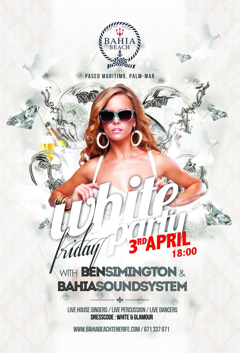 bahiabeach2014's tweet photo. Beach White Party el 3 Abril  - la fiesta de Blanco del Bahia Beach. #bahiabeach #djbensimington #palmmar #Tenerife http://t.co/6W6QCYC7kt
