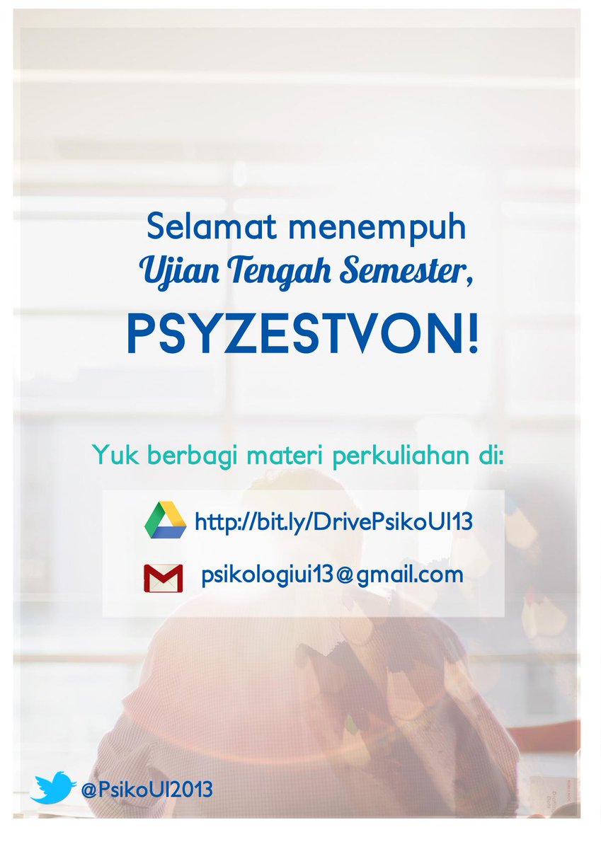PsikoUI2013's tweet photo. Selamat Ujian Tengah Semester Genap Keluarga PSYZETSVON Psikologi UI 2013 :) http://t.co/SxY8ze264I