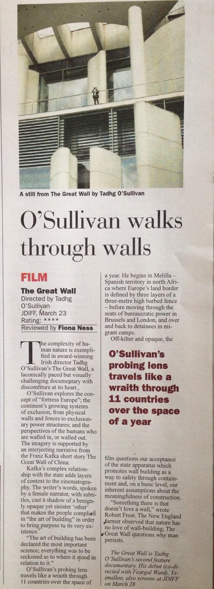tadhgosullivan's tweet photo. Nice p/review of The Great Wall in @sundaybusiness ahead of screening tomorrow @DublinFilmFest http://t.co/qKBi5bXqFu