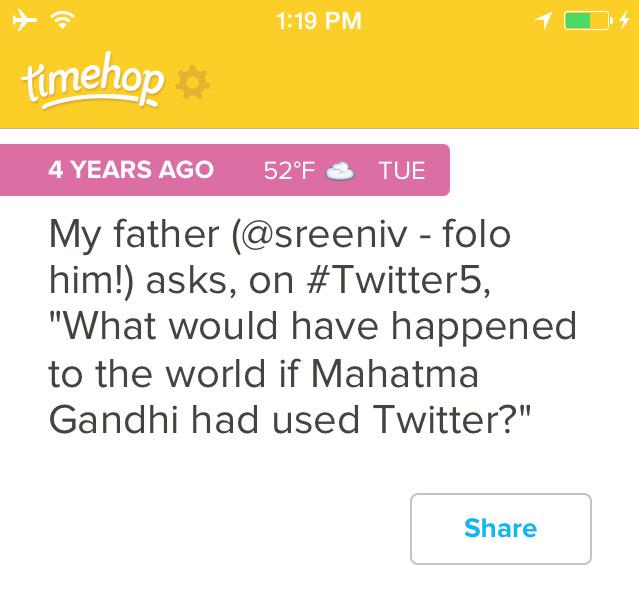 sree's tweet photo. As we mark 9 yrs of Twitter, this question about Gandhi by my dad 4 years ago is relevant. Follow @sreeniv #twitter9 http://t.co/RYzKxBFvSX