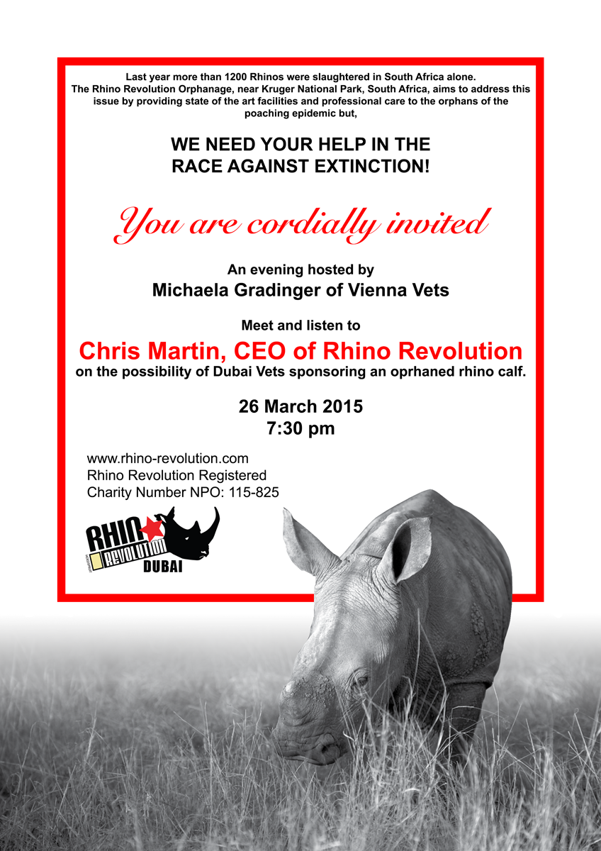 Dubai Vets, come meet <a href="/rhinorevolution/">rhino revolution</a> CEO Chris Martin at Vienna Vets 26th March 7.30pm to learn how you can help..
