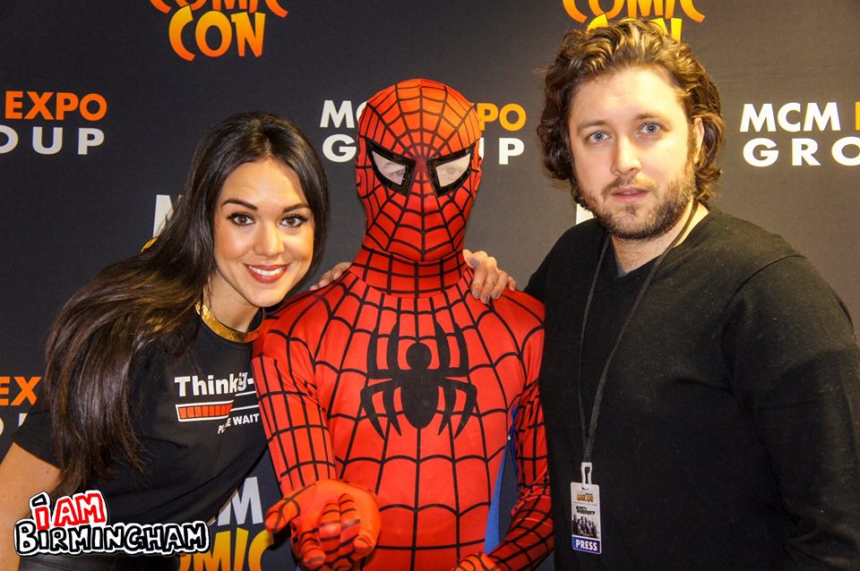 IAmBirmingham's tweet photo. The city's #Birmingham Spiderman​ meets celeb supporters Riva Taylor​ and Thomas Spencer​, at MCM Expo Comic Con... http://t.co/pGjoIvdcLM