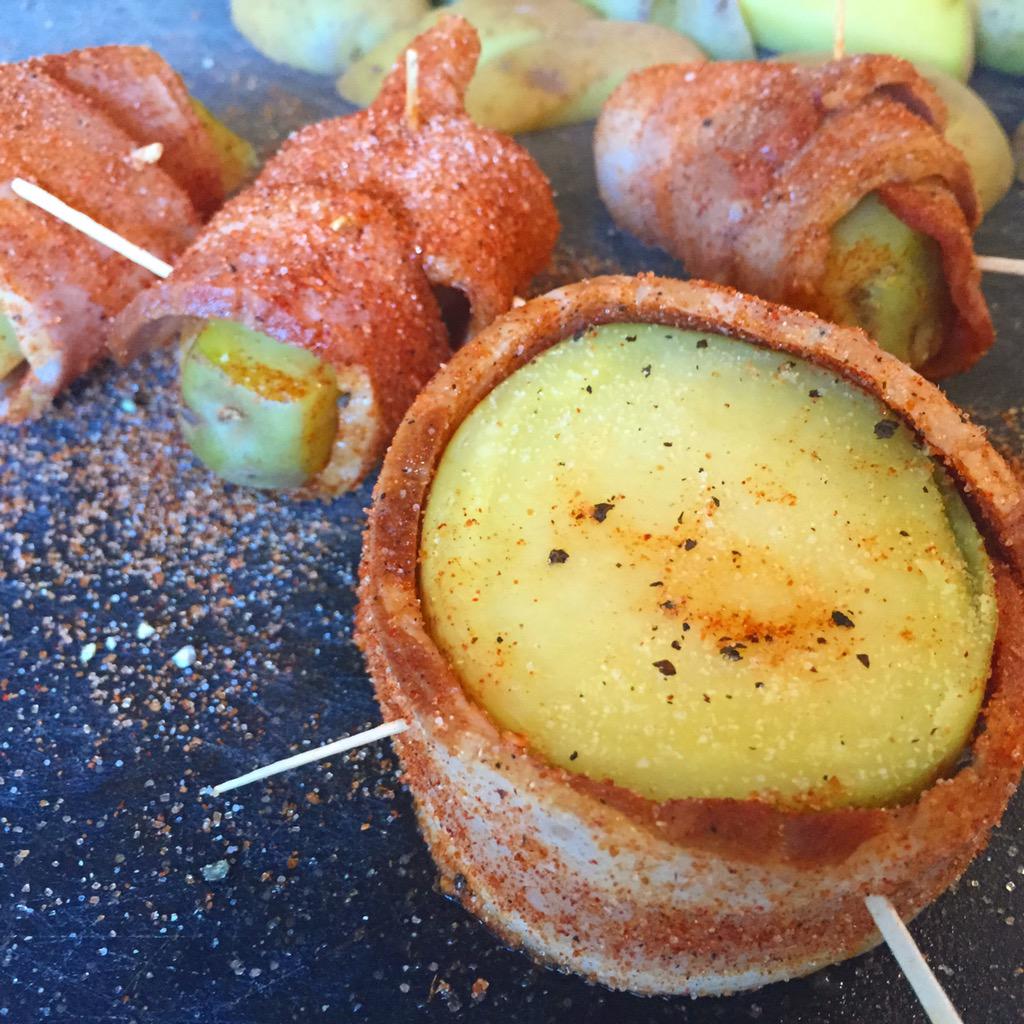 BBQBobTrudnak's tweet photo. Alpha Rub bacon wrapped potatoes. #bbq #bbqbob #alpharub @BespokeBacon http://t.co/Z3PYnB2tj6
