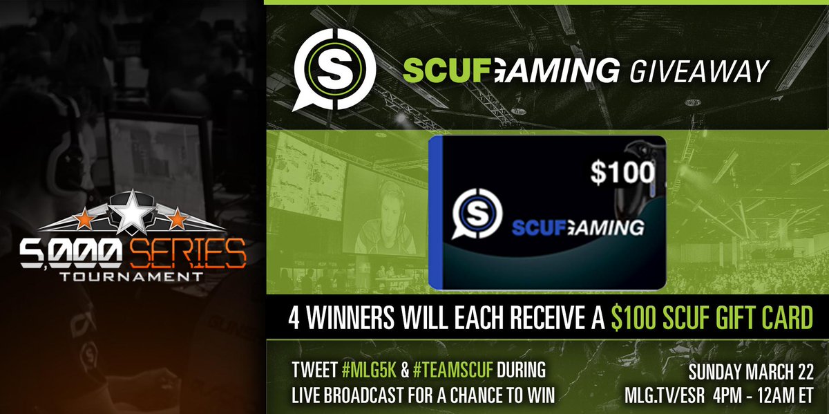 MLG's tweet photo. We're giving away four $100 @ScufGaming giftcards during today's #TeamSCUF #MLG5K! RT &amp; watch http://t.co/Ad938hbj5O http://t.co/rIIb5rJHkW