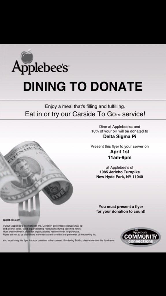 AdelphiDSP's tweet photo. Come support our chapter with this printed flier on April 1st from 11am-9pm at Applebee's in New Hyde Park! #DSP http://t.co/RaJqnTVsHi