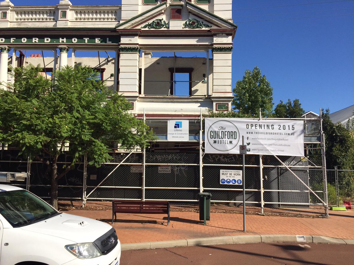 New banner on the scaffolding outside the <a href="/_GuildfordHotel/">The Guildford Hotel</a>. #redevelopment #workinprogress #perth #historic