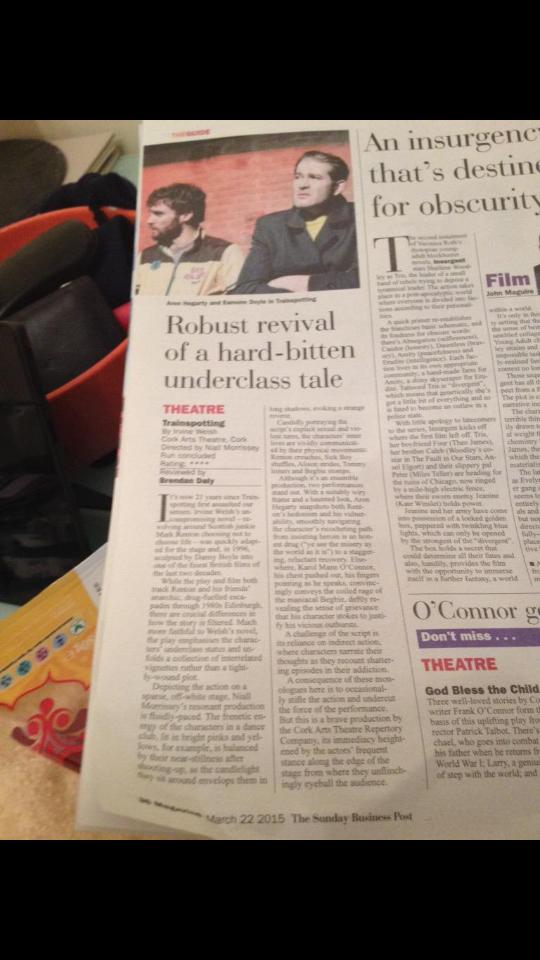 Great review of our production of Trainspotting in <a href="/sundaybusiness/">Fred</a> today. <a href="/Corkartstheatre/">Cork Arts Theatre</a> <a href="/IrvineWelsh/">Irvine Welsh</a>