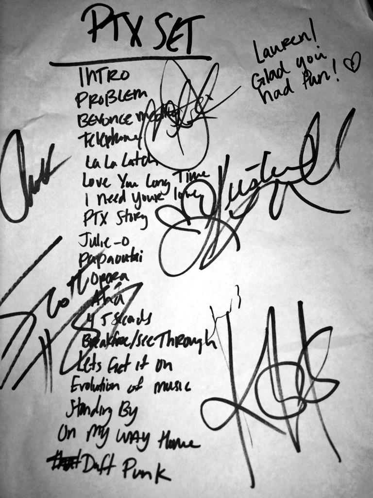 PTXofficial's tweet photo. Looks like you had a great time @laurmorrissey_! :) Here's a signed virtual set list! #PTXTPA #OnMyWayHomeProject http://t.co/b3xVjBWJvE