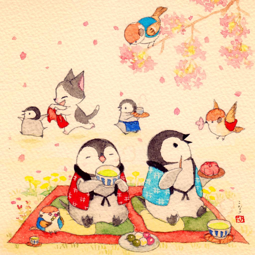 「桜の季節♪ お花見するちゃんちゃんこぺんぎんのイラストを描きました。個展で販売し」|こなつのイラスト