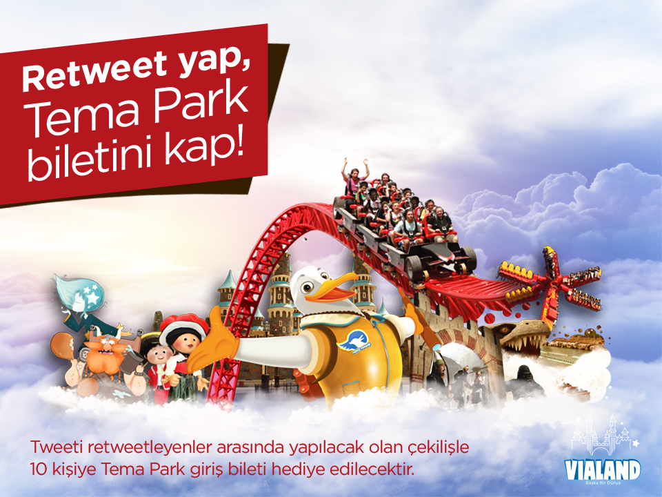 Retweetle, #TemaPark biletini kap!
*Biletler tek kişiliktir.
*#Kampanya 26.03.2015 16:00’da sona erecektir.
#Vialand