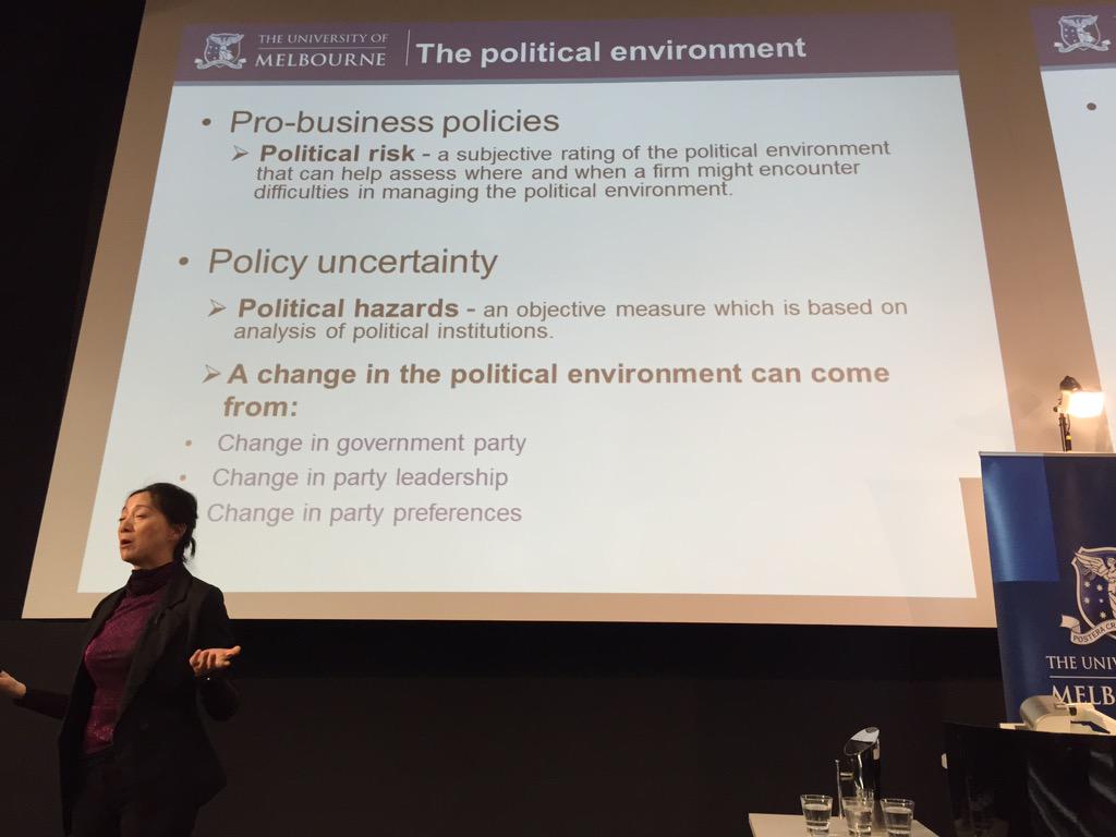 BusEcoNews's tweet image. Prof Lu introducing political risk and political hazards as measures of pro-business environments #busecomelb