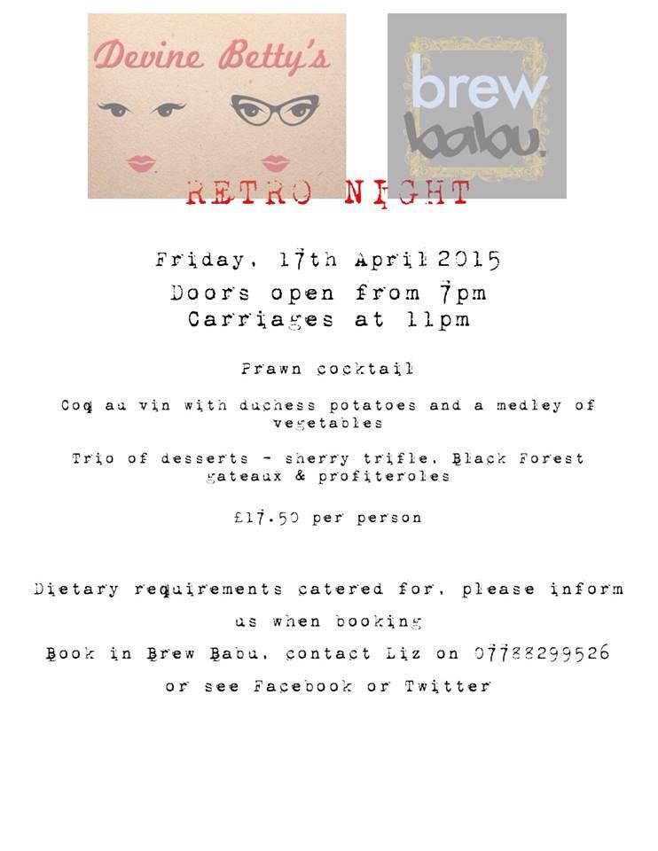 Next yummy menu, book early to avoid disappointment! Retro attire encouraged :-) x