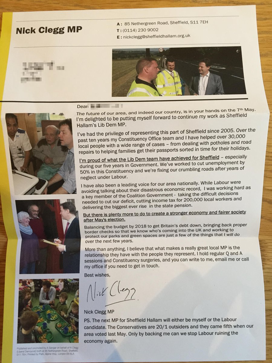 Lib Dem leaflet avalanche in Sheffield Hallam continues. By Royal Mail, a letter and Nick's CV 1/3 @MSmithsonPB