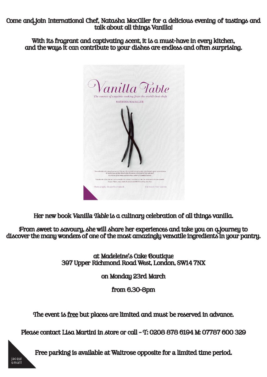 JacquiSmallPub's tweet photo. Join author Natasha MacAller for a delicious evening of tastings &amp;
#VanillaTable talks @MadeleinesCakeB tonight 6:30! http://t.co/u8Wd7OtRGn