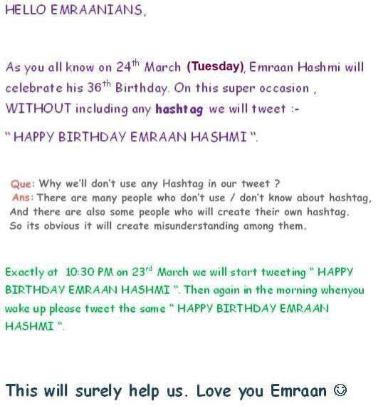  fans please be present online from 10:30pm to trend Happy Birthday Emraan Hashmi 