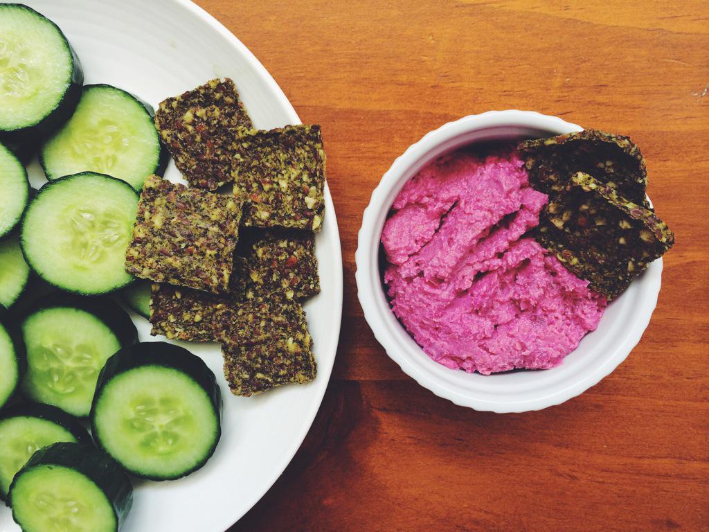 BrittaniDoherty's tweet photo. Home made beetroot hummus w cucumber &amp; dehydrated zucchini almond crackers #healthyeating http://t.co/G0pLhVxkJE