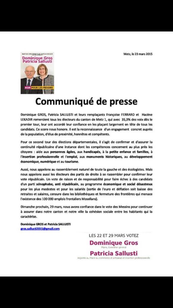 LekadirHa's tweet photo. communiqué presse de #DominiqueGros et P Sallusti arrivés en tête du canton #Metz1, rassemblement contre le FN #Metz http://t.co/uKwVsVbNTP