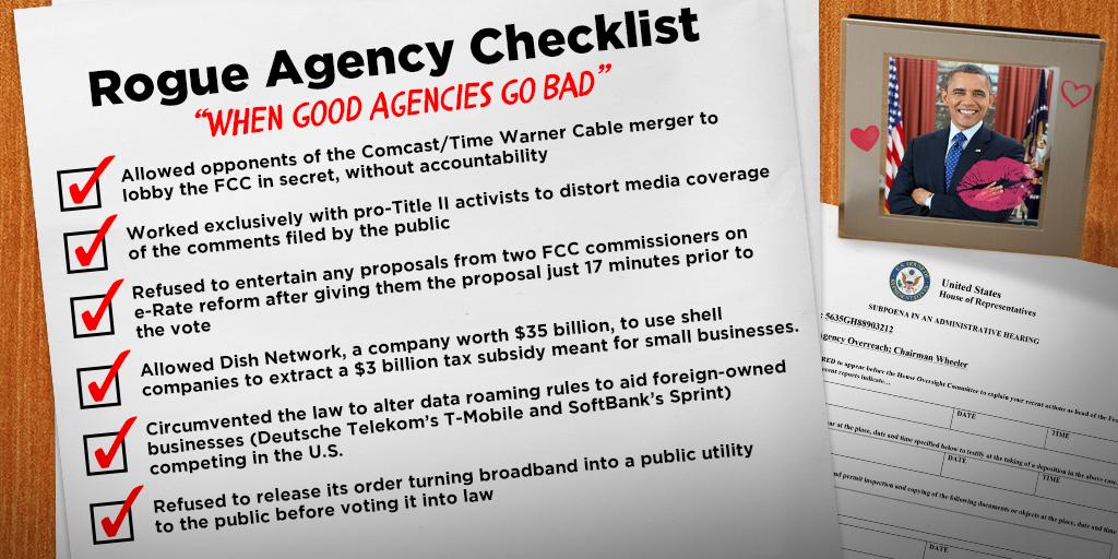 TechFreedom's tweet image. Every rogue agency needs a checklist, especially the #FCC. Lack of transparency? Check. Broken #FCCProcess? Check.