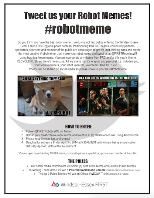 FIRSTRoboticsWE's tweet image. BREAKING: This year&apos;s social media contest is #robotmeme! Team &amp;amp; community prizes given, let&apos;s get creative! #WEGLR