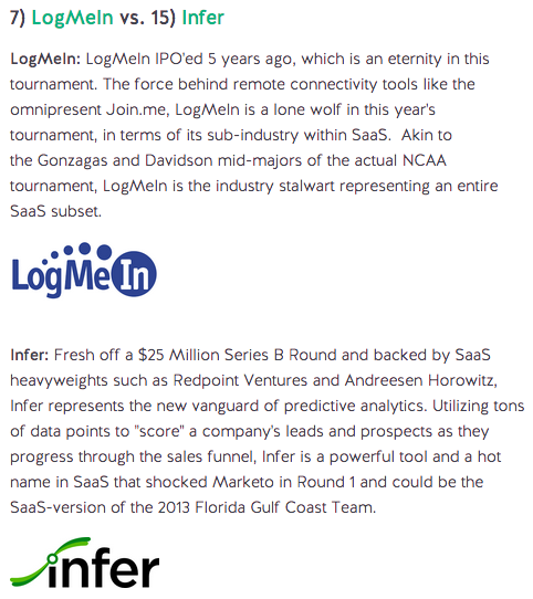 AmbitionSales's tweet photo. Who should advance to the #SaaS16? 7) @LogMeIn or 15) @InferInc? Vote >> http://t.co/e9bfXC0Vt7 #MarchSaaSness http://t.co/AsmK61hHrU