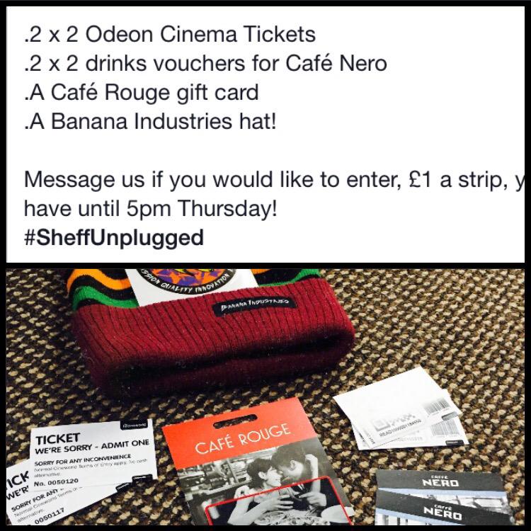 SheffUnplugged's tweet photo. Check out our pre event raffle! £1 a strip! u have until 5pm Thursday! Message us to buy them :) #SheffUnplugged http://t.co/zVLhK8JXDb