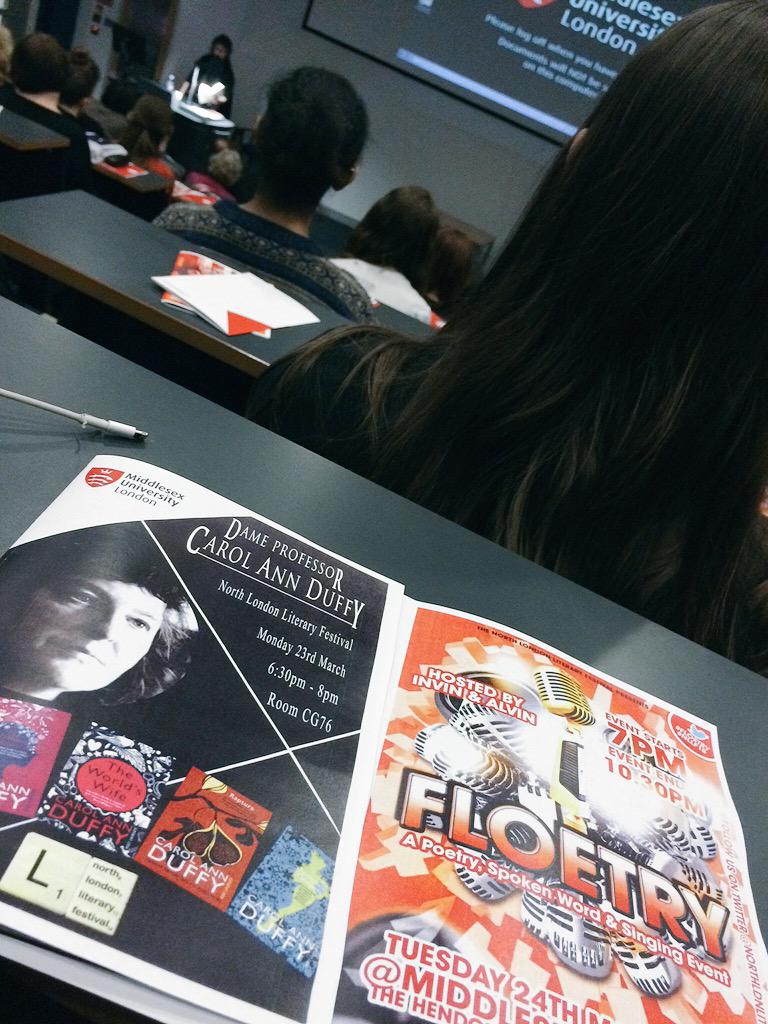 Middlesexacs's tweet photo. A view of the Literary Festival brochure at the Carol Ann Duffy Lecture #NLLF15 #Floetry http://t.co/NozGUPwY8g