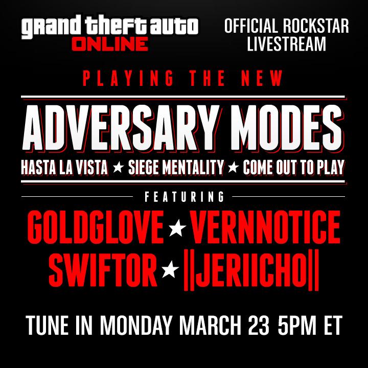 RockstarGames's tweet photo. Today 5pm ET: @GoldGloveTV x @IIJERiiCHOII x @VernNotice x @Swiftor x Rockstar #GTAOnline http://t.co/FkraOmtO33 http://t.co/exGxJN15kz
