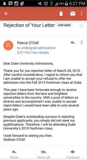 Ninjaessays's tweet photo. Teen rejects #Duke University’s rejection letter,don't ever give up!
#teens #dukevswisconsin #universitychallenge http://t.co/oZefTBfiMm