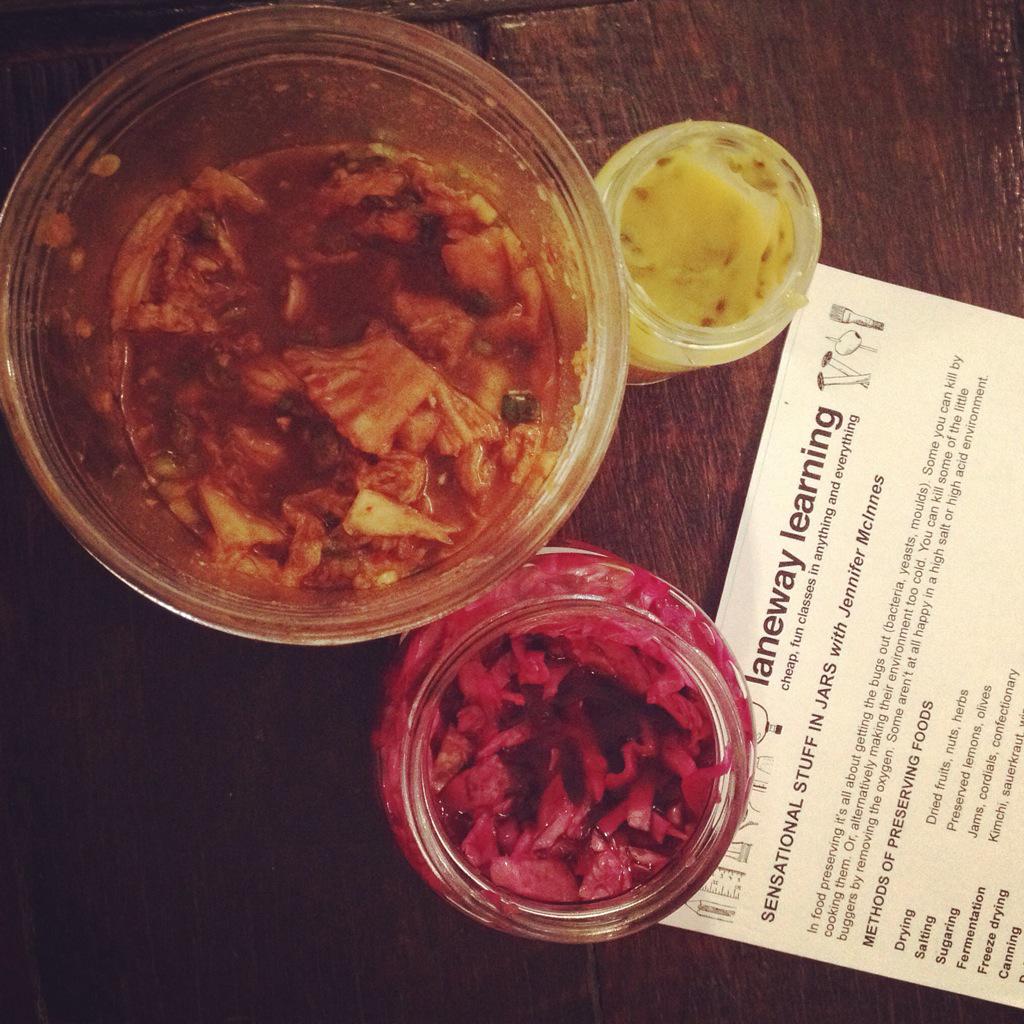 lanewaylearning's tweet photo. Sensational stuff in jars! Here we have #kimchi, #pickled red cabbage and passion fruit butter! #learningisyum http://t.co/Zfaka9Eg0s