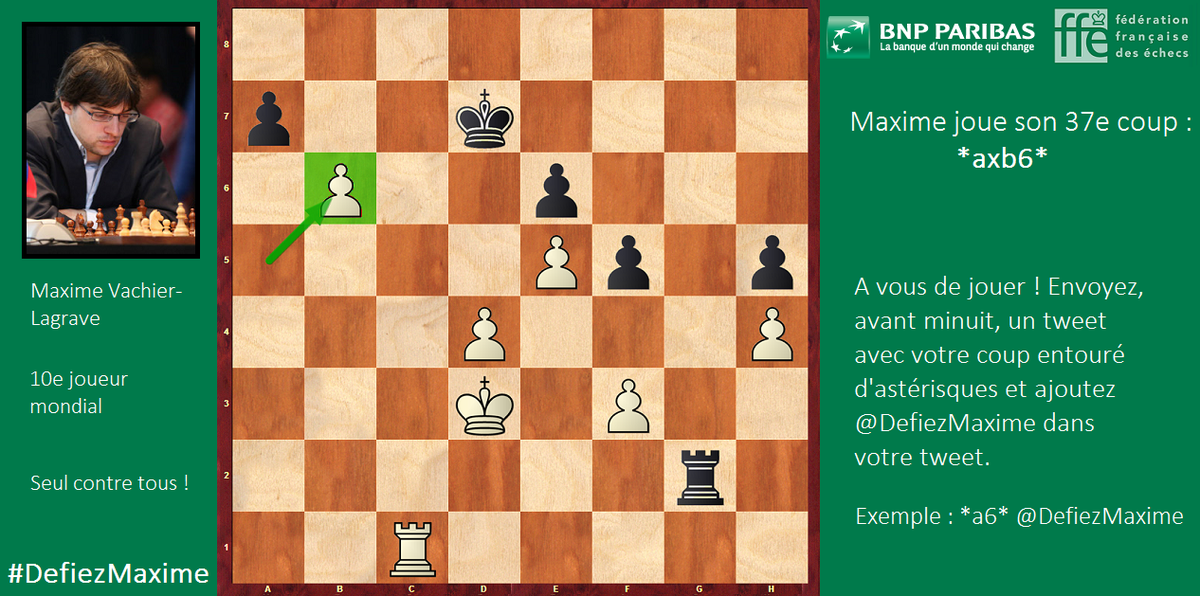 DefiezMaxime's tweet photo. Maxime joue son 37e coup : *axb6*. Normalement vous n'avez pas à hésiter ! #DefiezMaxime #bnpparibas_net http://t.co/ZVnQEIZcFS
