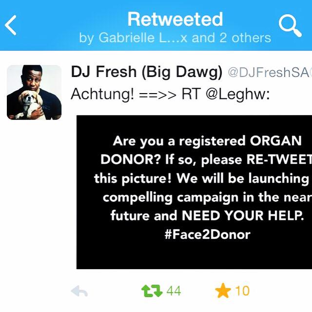 Leghw's tweet photo. @JeremyLoops Please help create awareness for our campaign, like DJ FRESH has. #Face2Donor http://t.co/JIUjUqjs8k