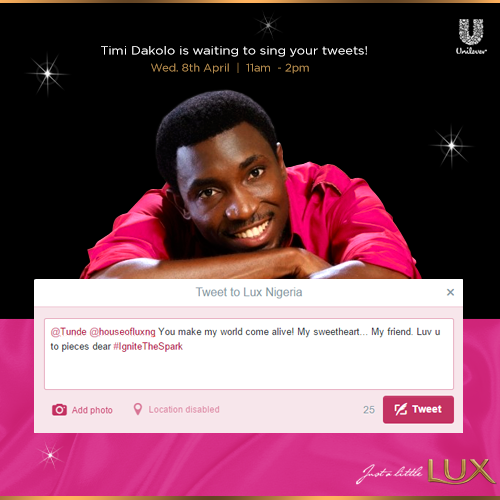 houseofluxng's tweet image. Tweet a love song to your loved using #IgniteTheSpark on #8thApril and @timidakolo  will sing your tweet live!