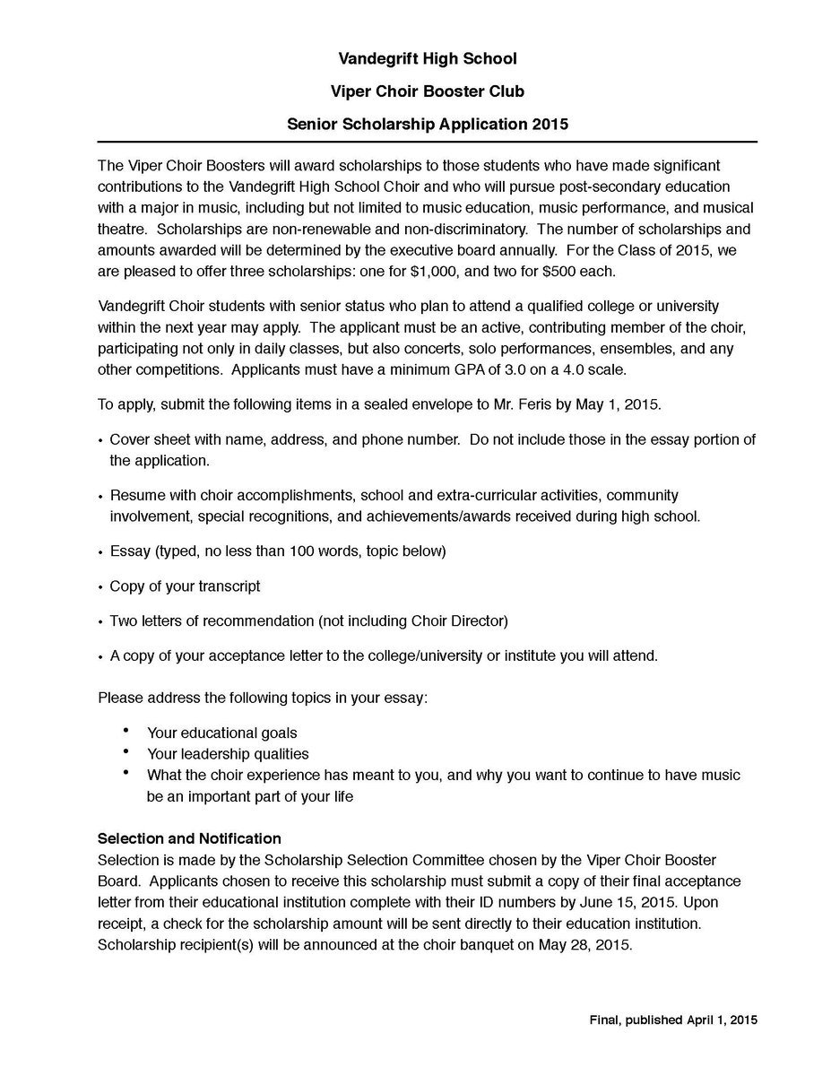 New this year: Viper Choir Booster Club is providing **scholarships** to music majors from our choir program.