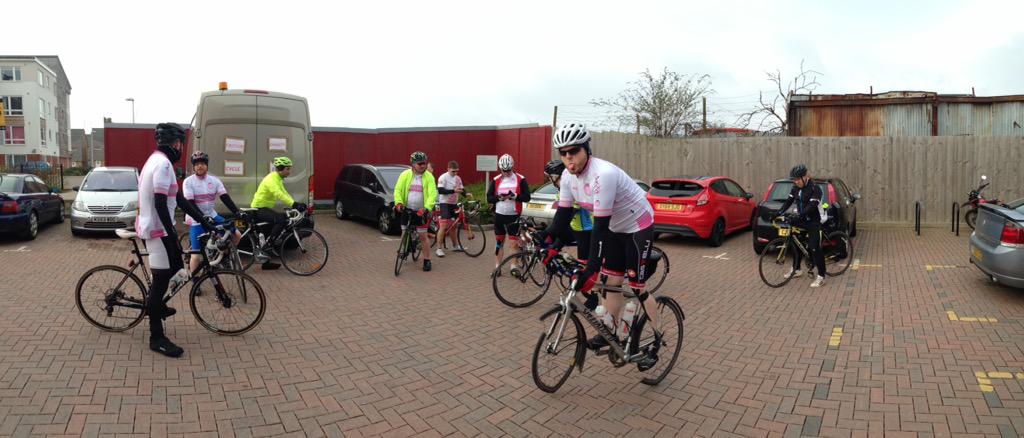 CyclingDBC's tweet photo. Team C2C are just warming up before the guys set of on their 79mile ride to Ely. http://t.co/X8GD7fIbKQ